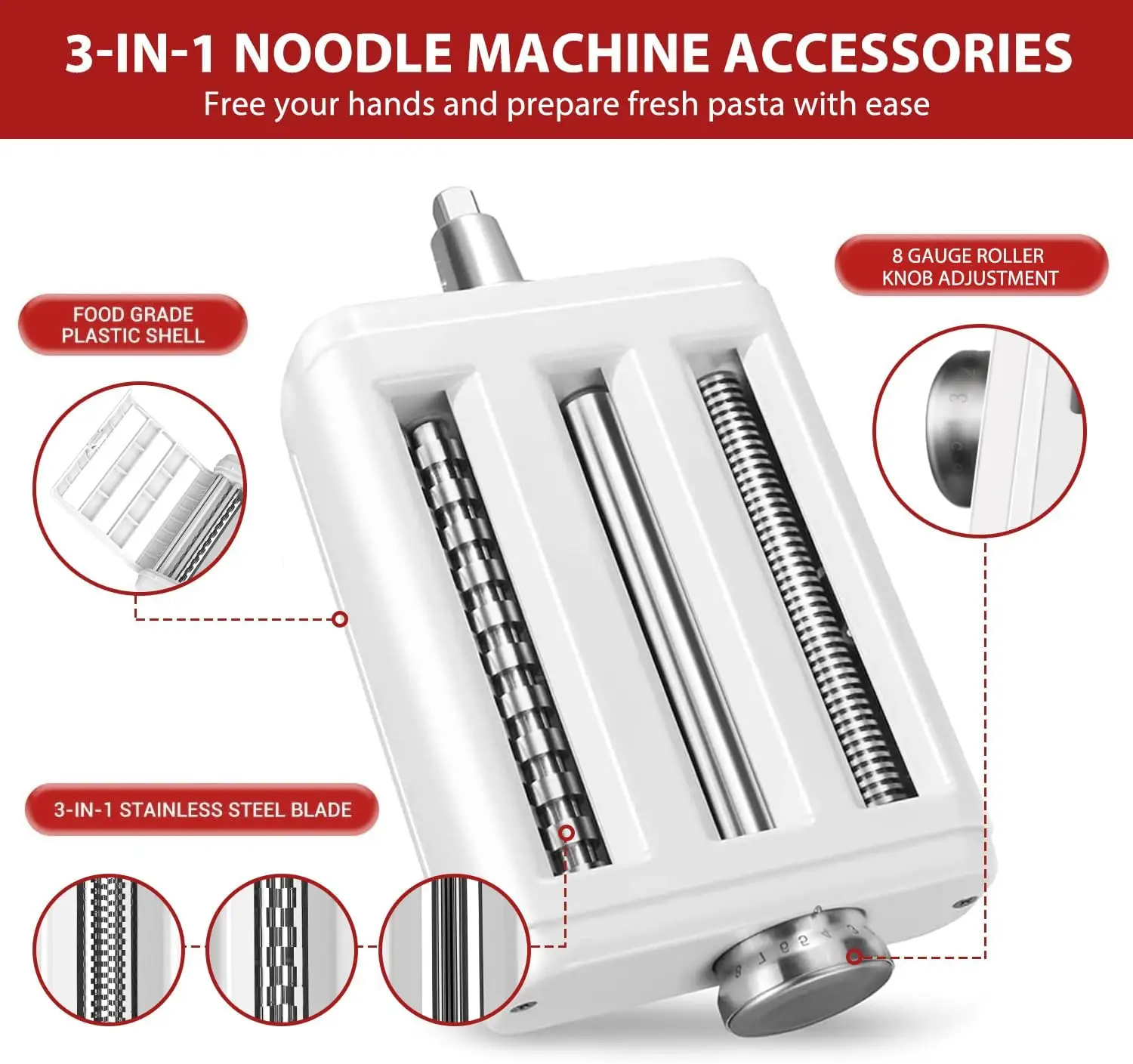 3-in-1 Pasta Maker Attachment for KitchenAid & Cuisinart Stand Mixers, Pasta Roller, Spaghetti & Fettuccine Cutter Set with Cleaning Brush, Stainless Steel