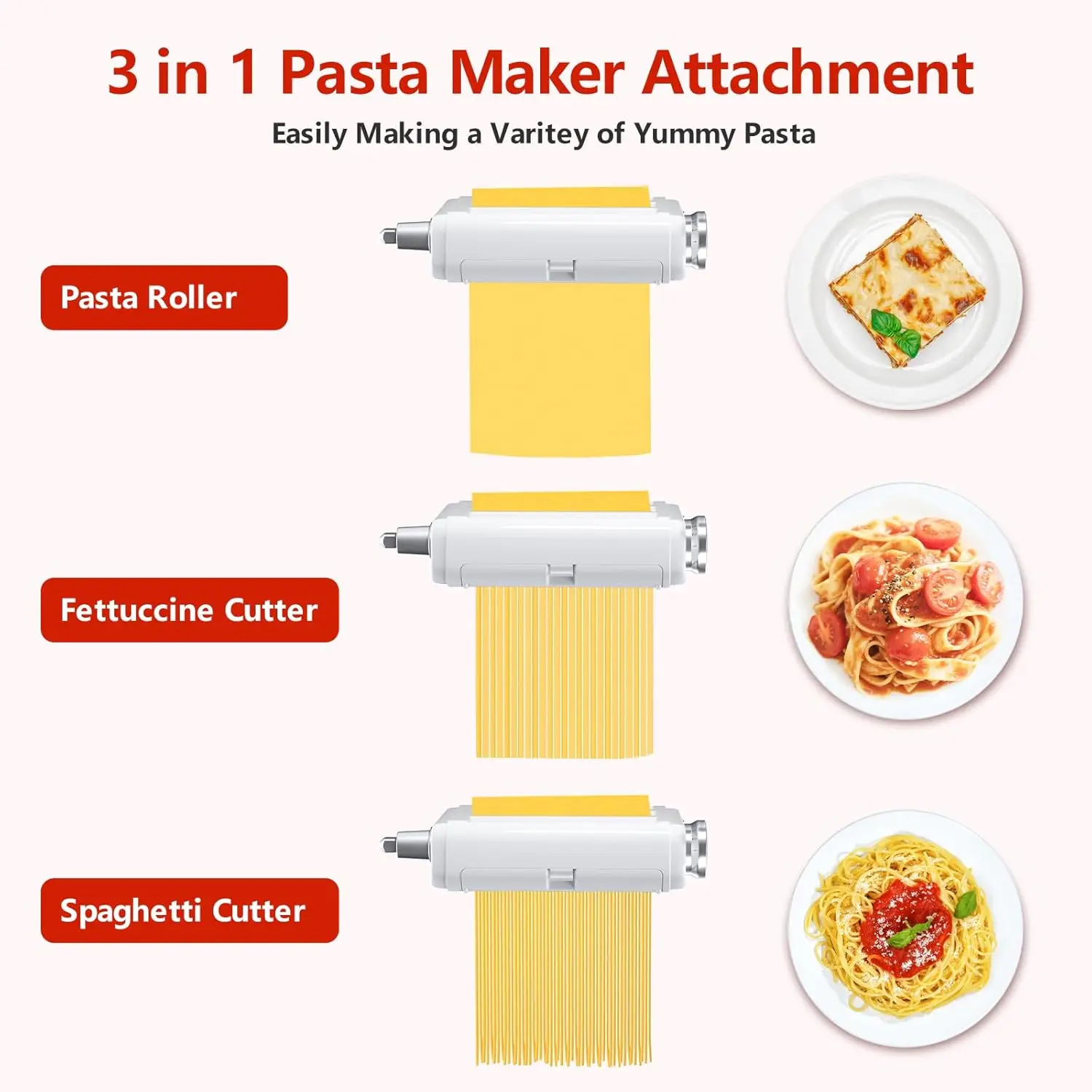 3-in-1 Pasta Maker Attachment for KitchenAid & Cuisinart Stand Mixers, Pasta Roller, Spaghetti & Fettuccine Cutter Set with Cleaning Brush, Stainless Steel