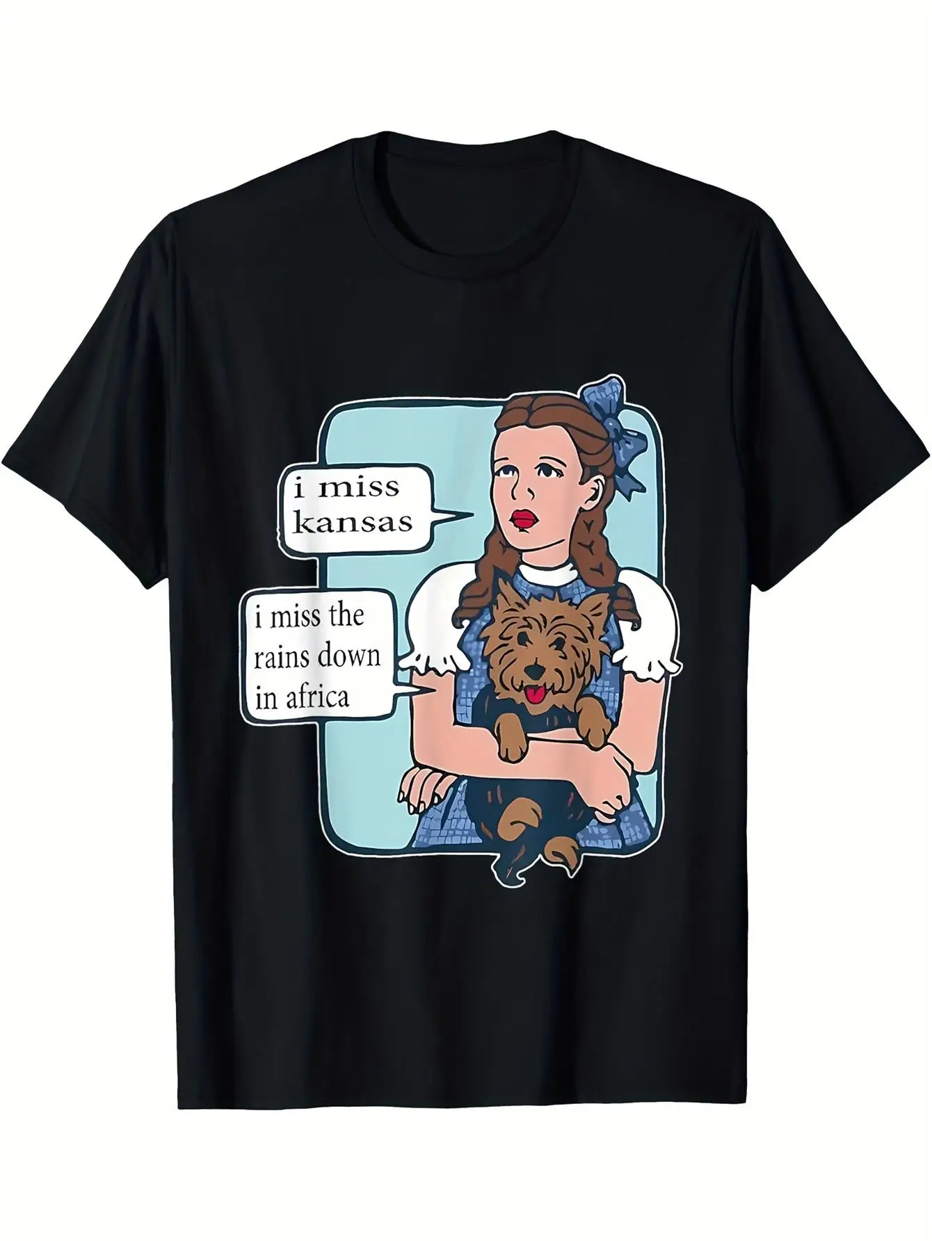 Funny Kansas & African Rain Jokes T-Shirt - "I Miss Kansas" Graphic Tee with Woman & Dog - Soft Stretchy Fabric Casual Shirt