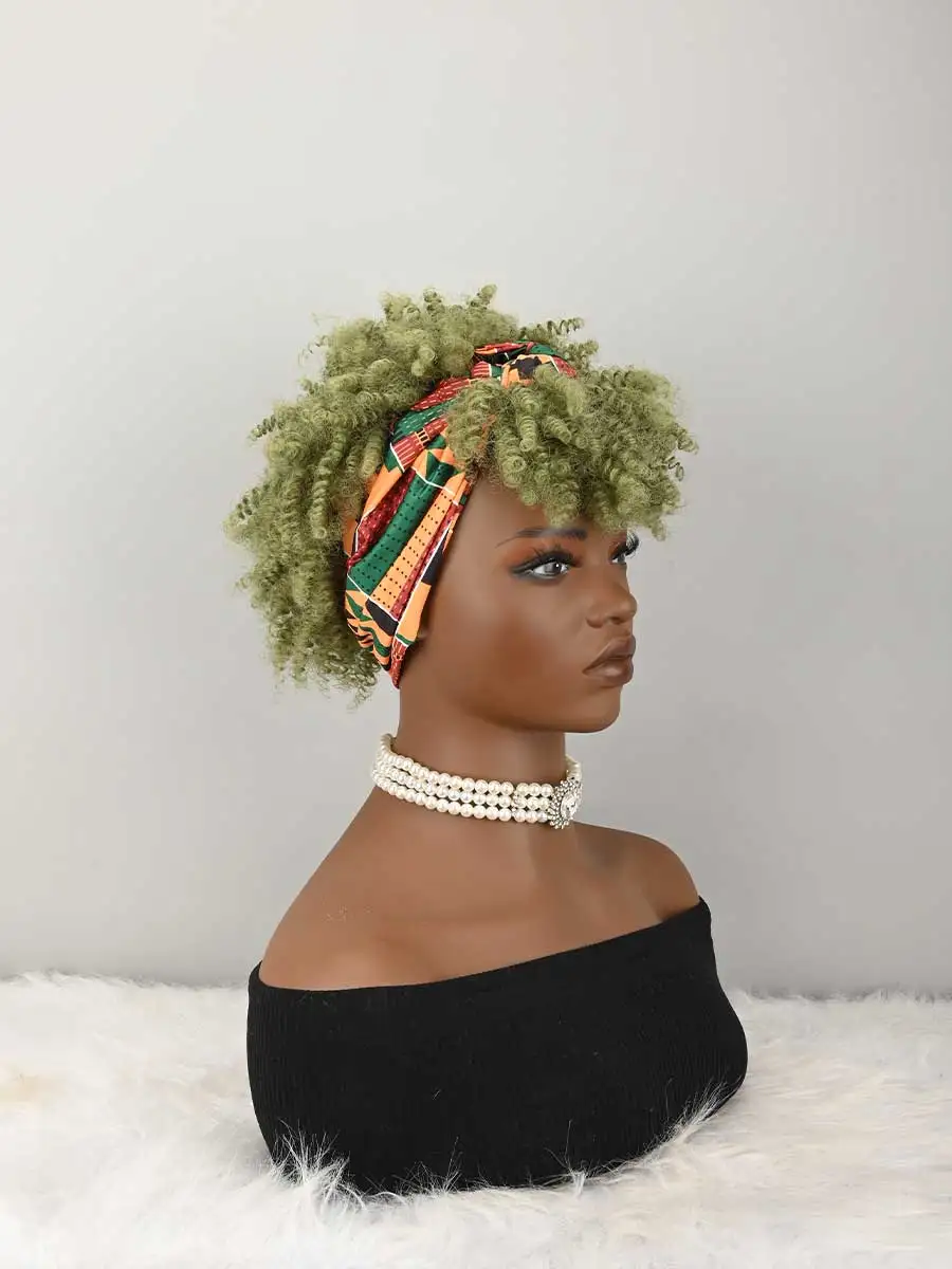 Headband Wig Curly Headband Wig With Bangs For Women Synthetic Afro Curly Hair Wig With Headband Attached Short Kinky Curly Afro High Puff With Bangs Stripes Short Red Curly Wigs with Bangs for Women, Natural Wavy Synthetic Wig, Fluffy Pixie Cut