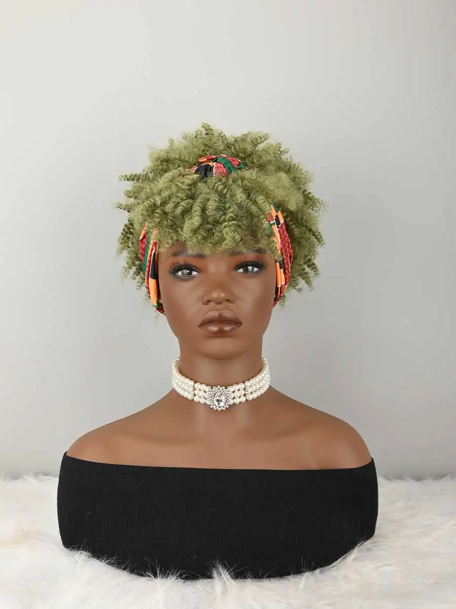 Headband Wig Curly Headband Wig With Bangs For Women Synthetic Afro Curly Hair Wig With Headband Attached Short Kinky Curly Afro High Puff With Bangs Stripes Short Red Curly Wigs with Bangs for Women, Natural Wavy Synthetic Wig, Fluffy Pixie Cut