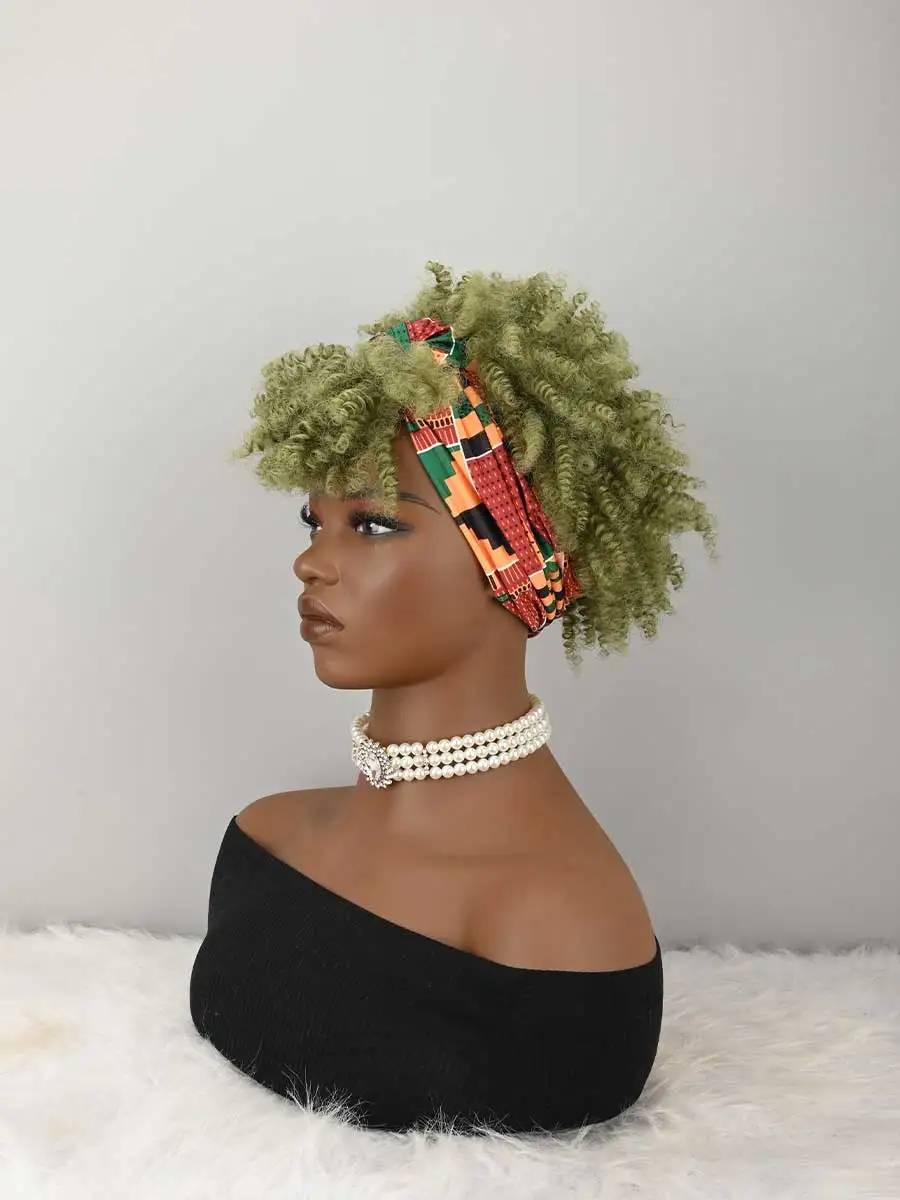 Headband Wig Curly Headband Wig With Bangs For Women Synthetic Afro Curly Hair Wig With Headband Attached Short Kinky Curly Afro High Puff With Bangs Stripes Short Red Curly Wigs with Bangs for Women, Natural Wavy Synthetic Wig, Fluffy Pixie Cut