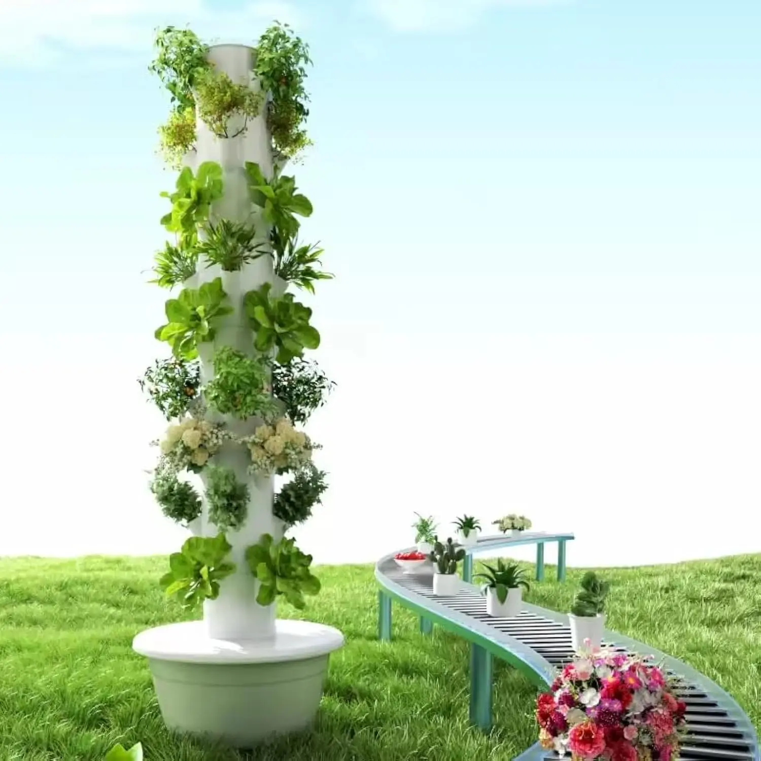 Vertical Hydroponic Grow Tower Aeroponic Tower for Fruits and Vegetables 9 Layer 36 Pots Planter with Water Tank and Pump