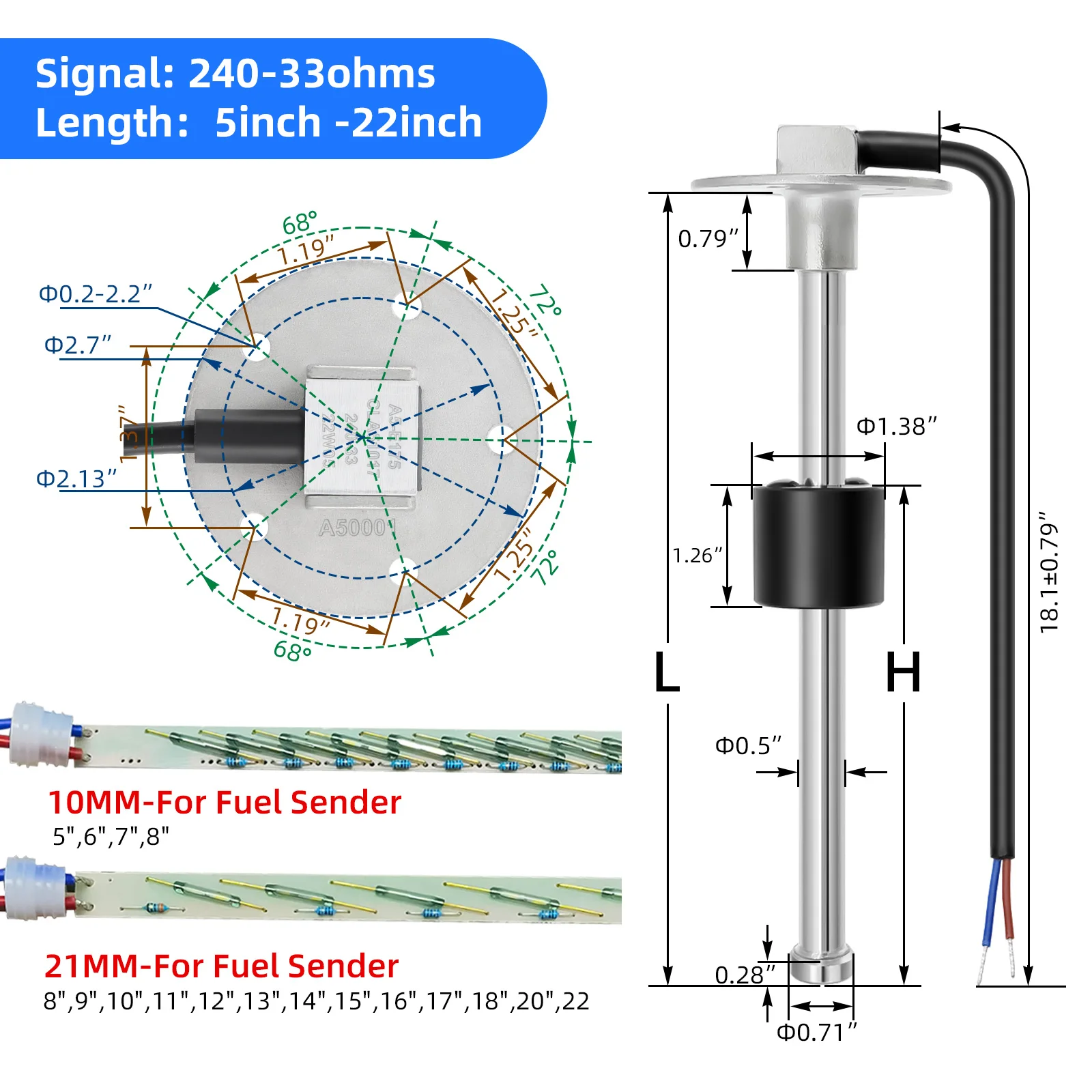 240-30ohms Level Sensor Stainless Steel Water Fuel Level Sensor Sending Unit Tank Fit Car Level Gauge Indicator Car Accessories