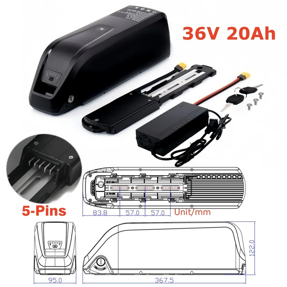 Ship from USA 48V E-Bike Battery Genuine / 5 Pin Hailong 36V 48V 52V 20Ah / 20000mAh 200W -1500W Electric Bicycle Bike Ebike 18650/21700 Lithium Battery Pack 40A BMS for Bafang BBS02 BBS03 BBSHD Motor With 2A Charger, XT60 Connector, USB Port and Base