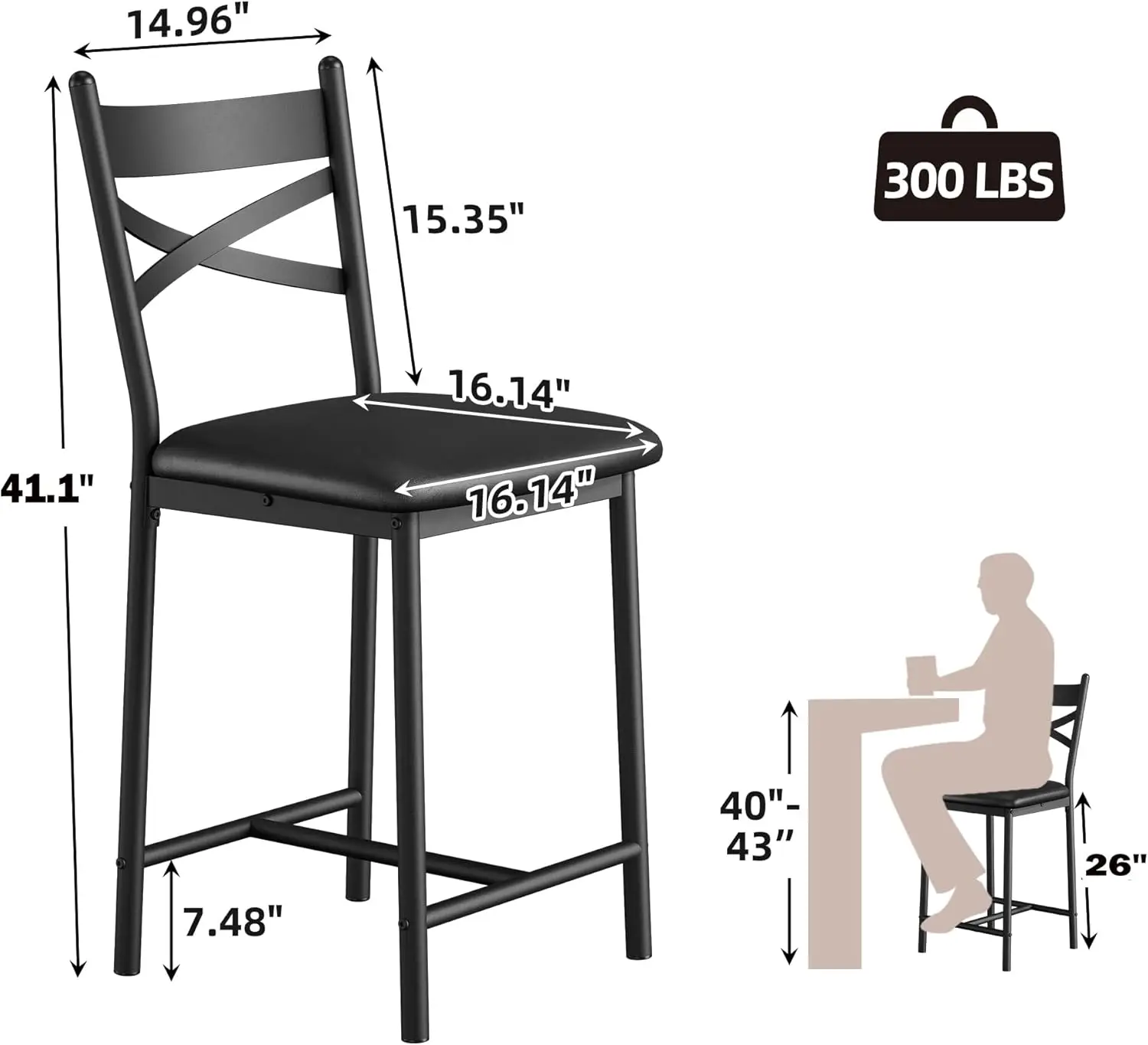 26 Inch Bar Stools Set of 4, Counter Height Bar Chairs with Back and Thick Cushion, Upholstered Dining Chairs with Padded Seat, Barstools for Kitchen Island, Bar, Dining Room, Modern Black
