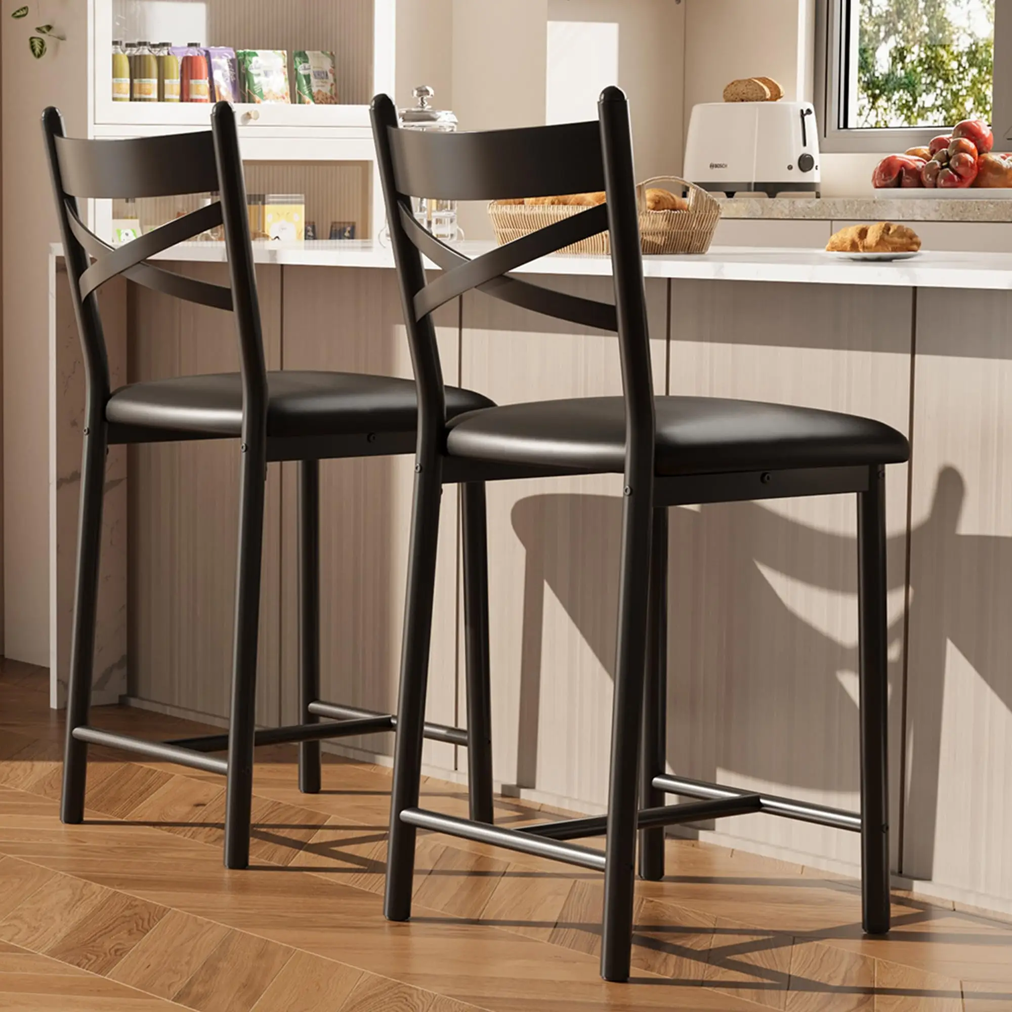 26 Inch Bar Stools Set of 4, Counter Height Bar Chairs with Back and Thick Cushion, Upholstered Dining Chairs with Padded Seat, Barstools for Kitchen Island, Bar, Dining Room, Modern Black