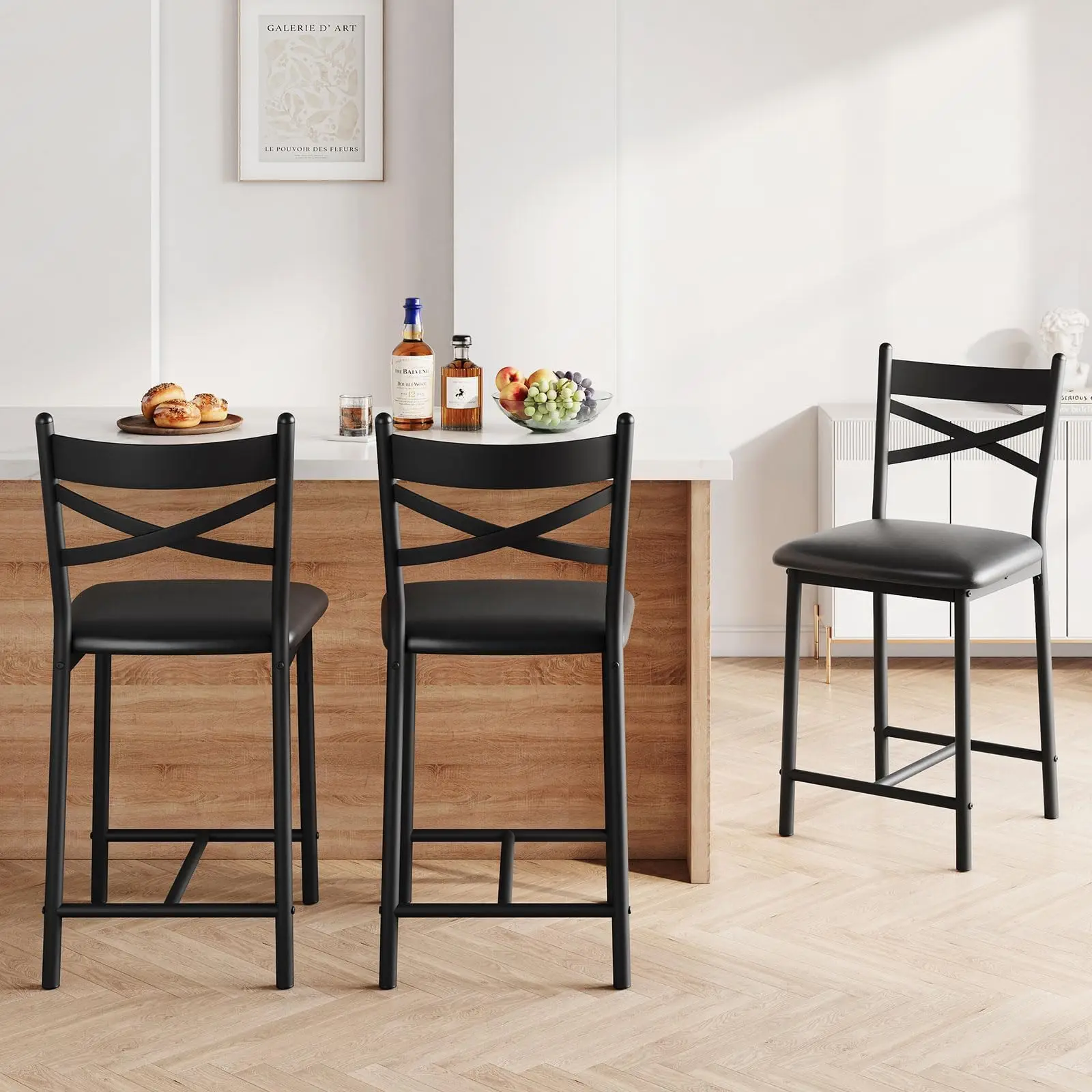26 Inch Bar Stools Set of 4, Counter Height Bar Chairs with Back and Thick Cushion, Upholstered Dining Chairs with Padded Seat, Barstools for Kitchen Island, Bar, Dining Room, Modern Black