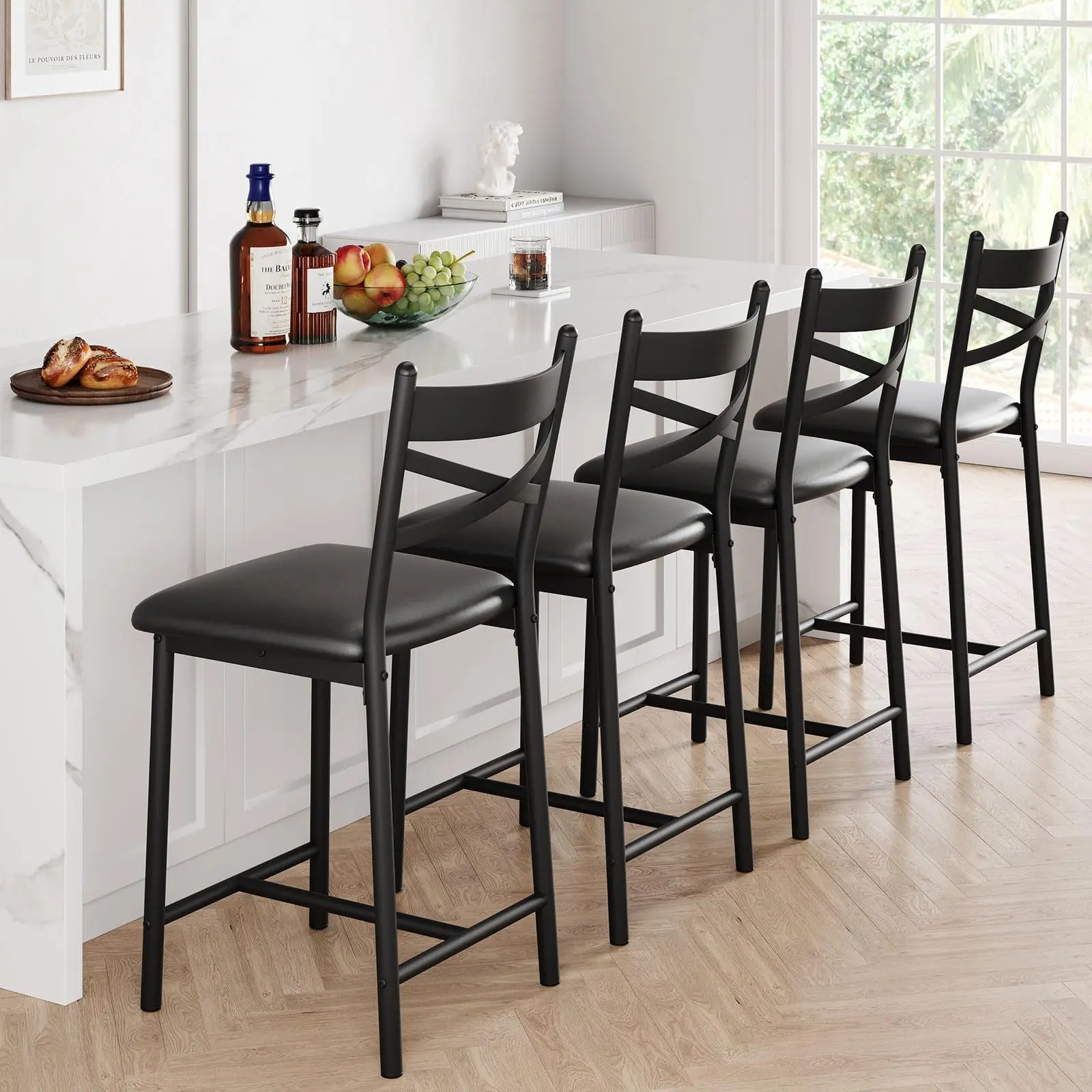 26 Inch Bar Stools Set of 4, Counter Height Bar Chairs with Back and Thick Cushion, Upholstered Dining Chairs with Padded Seat, Barstools for Kitchen Island, Bar, Dining Room, Modern Black