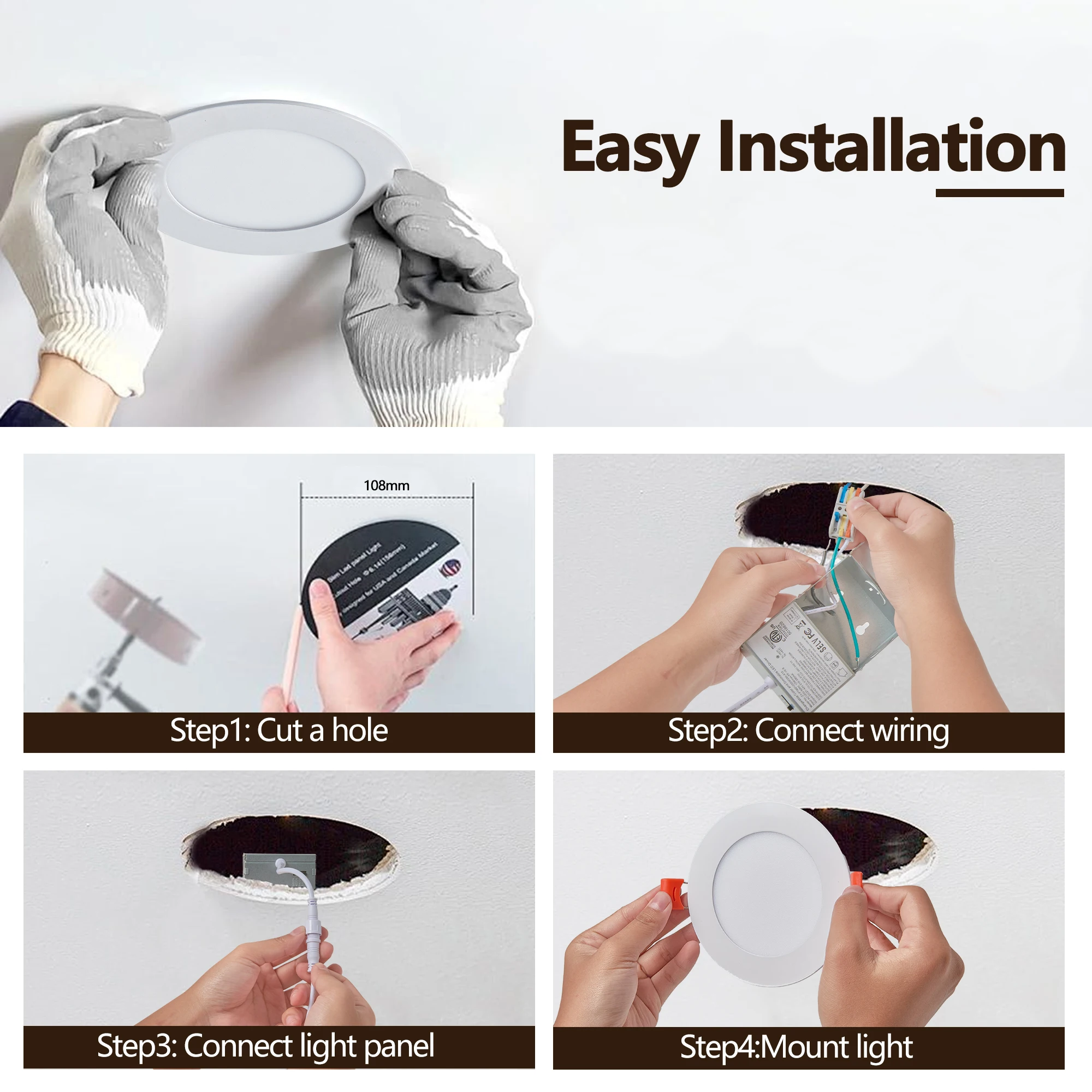 12-Piece Set of Shell-Less Led Ceiling Lights, Dimmable Recessed Downlights with Junction Box, 3000K-5000K Adjustable Color Temperature White Light