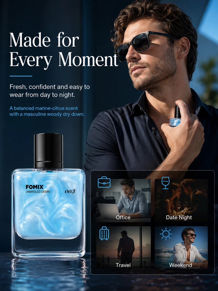 FOMIX 003 Blue Men’s Perfume Marine Citrus Cologne Long Lasting Fresh Ocean Aquatic Woody Scent Eau De Toilette Spray Grapefruit Lemon Cedar Ambergris Notes Daily Office Date Travel Party Portable Men’s Fragrance Gift for Him