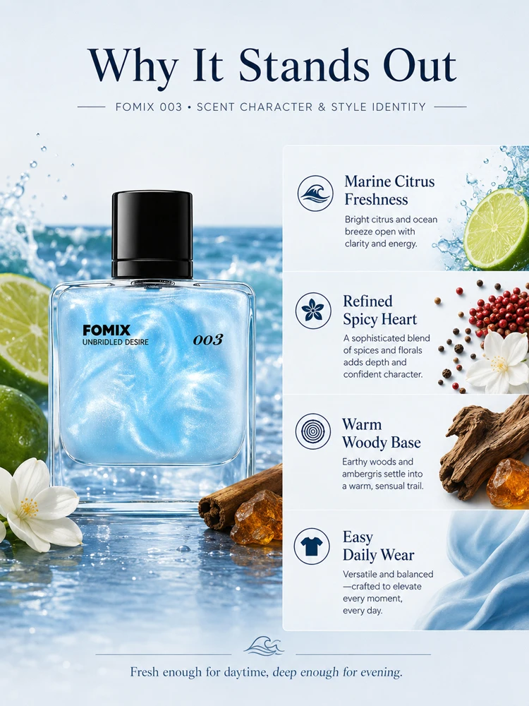 FOMIX 003 Blue Men’s Perfume Marine Citrus Cologne Long Lasting Fresh Ocean Aquatic Woody Scent Eau De Toilette Spray Grapefruit Lemon Cedar Ambergris Notes Daily Office Date Travel Party Portable Men’s Fragrance Gift for Him