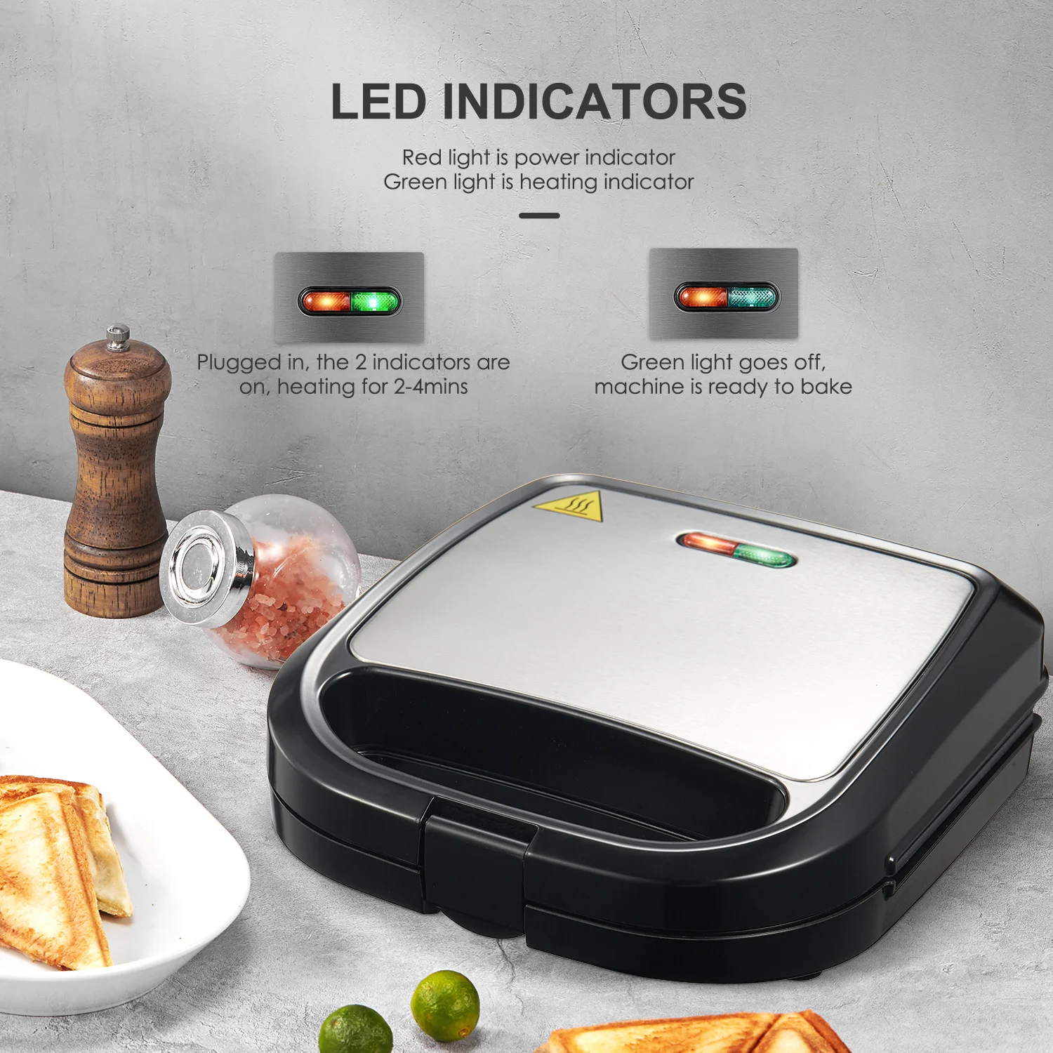 Stainless Steel 750W Sandwich & Panini Press, 2-Slice Non-Stick Grill Maker for Grilled Cheese, Tuna Melts and Omelets