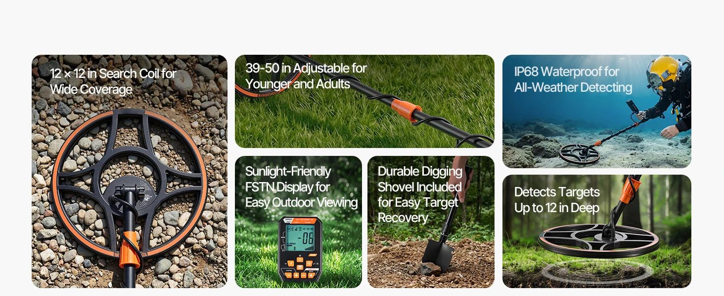 SucceBuy Waterproof Metal Detector 12" High Accuracy Gold Detector Adults Display Headphones 7 Modes Adjustable IP68 for Hunting