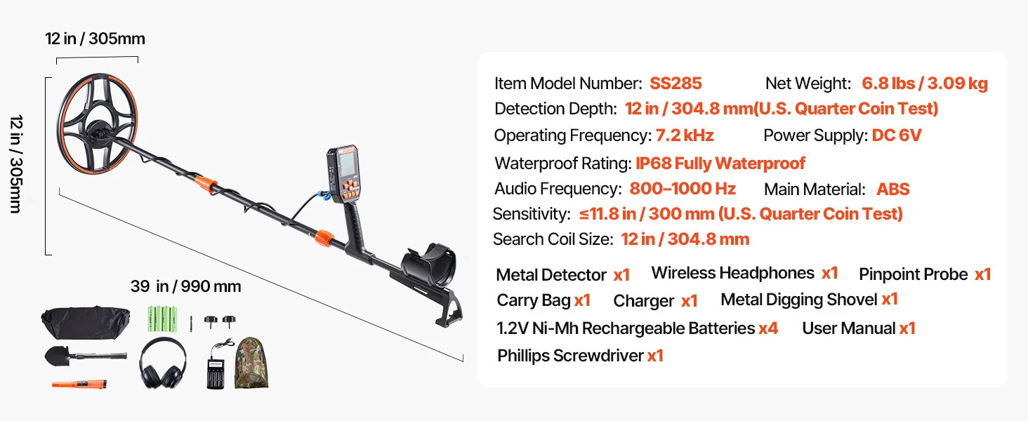 SucceBuy Waterproof Metal Detector 12" High Accuracy Gold Detector Adults Display Headphones 7 Modes Adjustable IP68 for Hunting