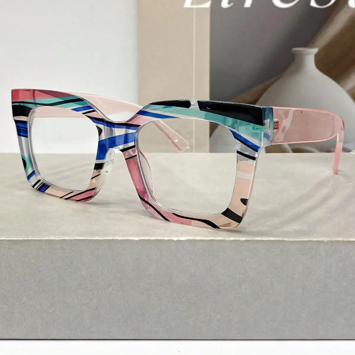 1 Pair of New Classic Bohemian Large-Frame Square Fashion Anti-Blue Glasses, Unisex, High-Quality Multi-Color Block Versatile Street Style Glasses for Women, Suitable for Daily Wear and as Decorative Glasses