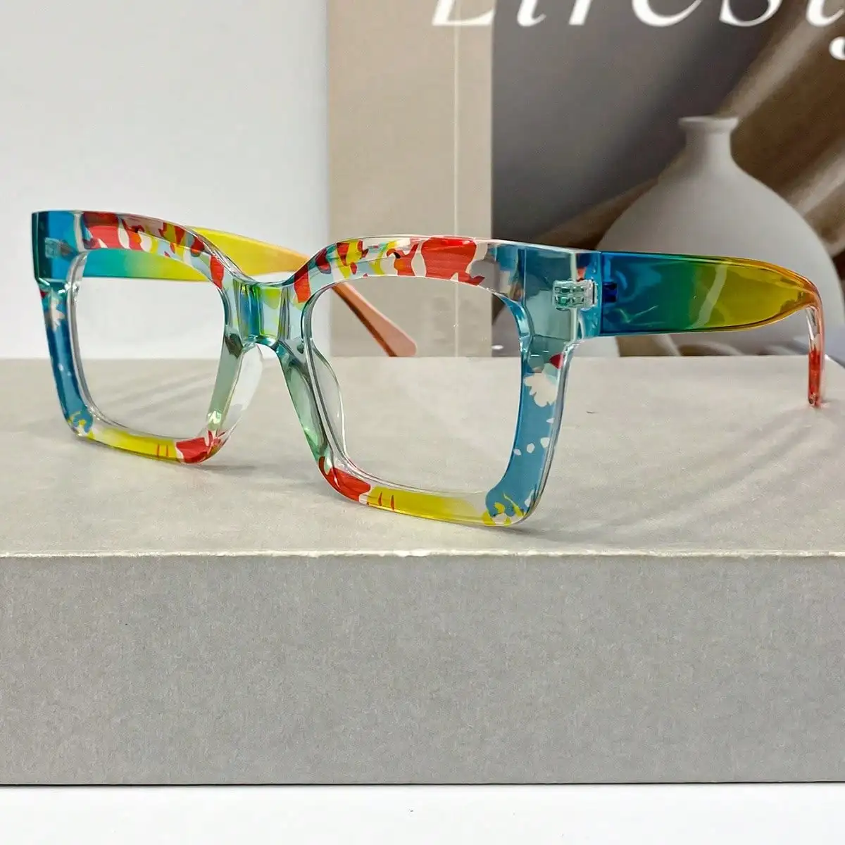 1 Pair of New Classic Bohemian Large-Frame Square Fashion Anti-Blue Glasses, Unisex, High-Quality Multi-Color Block Versatile Street Style Glasses for Women, Suitable for Daily Wear and as Decorative Glasses