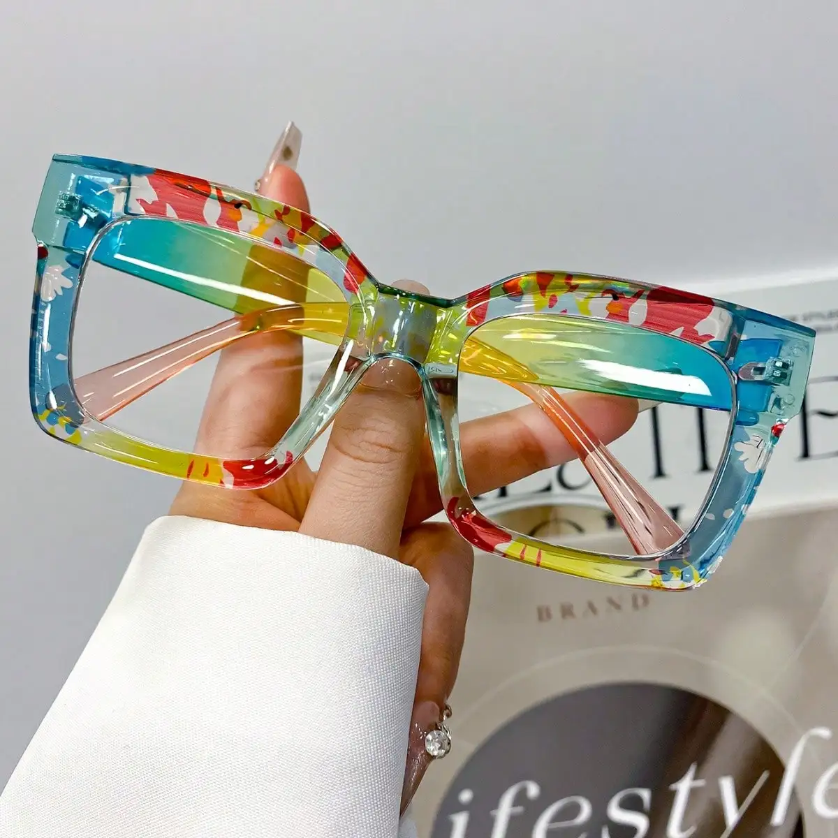 1 Pair of New Classic Bohemian Large-Frame Square Fashion Anti-Blue Glasses, Unisex, High-Quality Multi-Color Block Versatile Street Style Glasses for Women, Suitable for Daily Wear and as Decorative Glasses