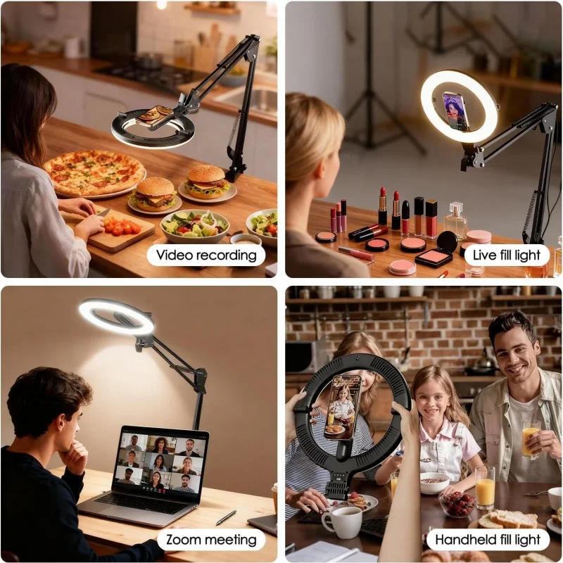 Magnetic Overhead Phone Mount with 10” Ring Light, 5000mAh Flexible Articulating Circle Lamp Table Tripod, Phone Stand for Video Recording Cooking Nail, Zoom Meeting