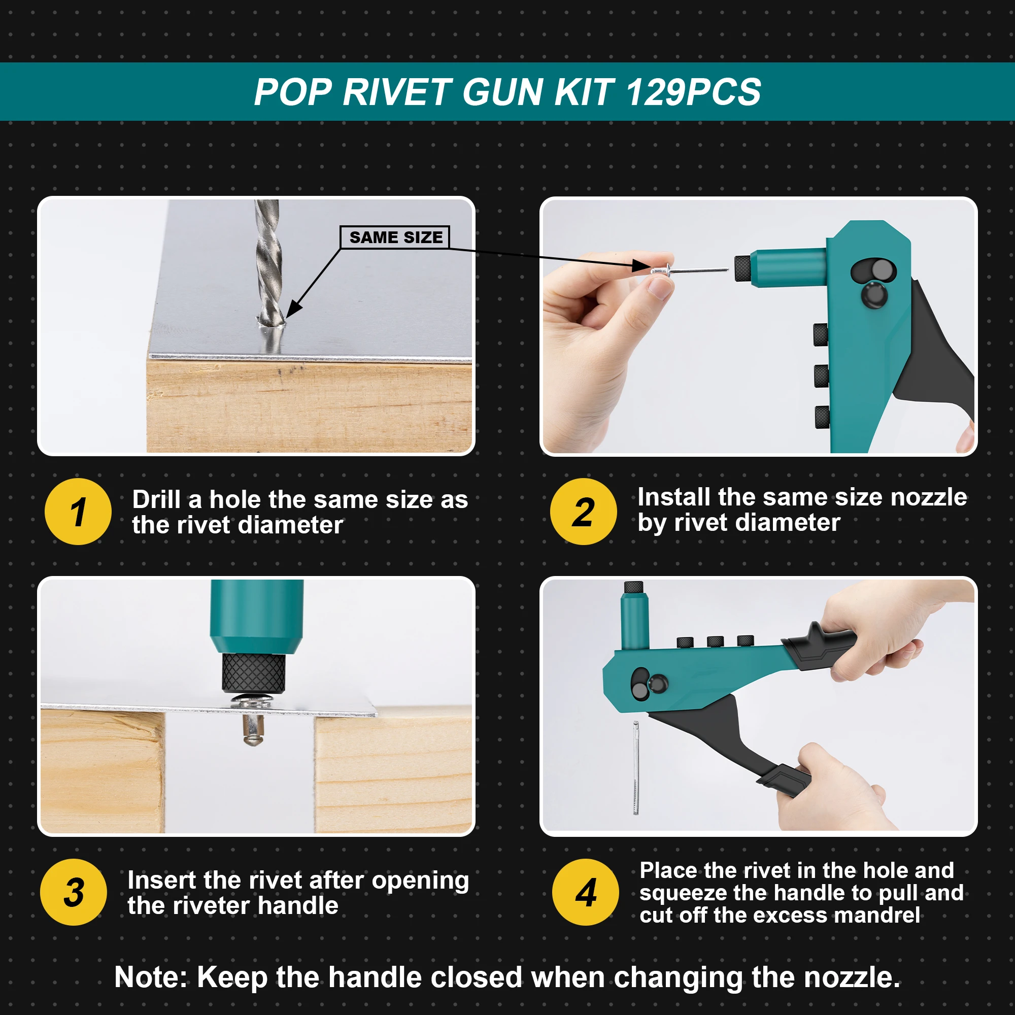 Rivet Gun Kit, Pop Rivet Gun, Heavy Duty Rivet Tool, Professional Hand Riveter, Manual Riveting Tool with 120 Blind Rivets, 4 HSS Drill Bits, 4 Tool-free Interchangeable Heads