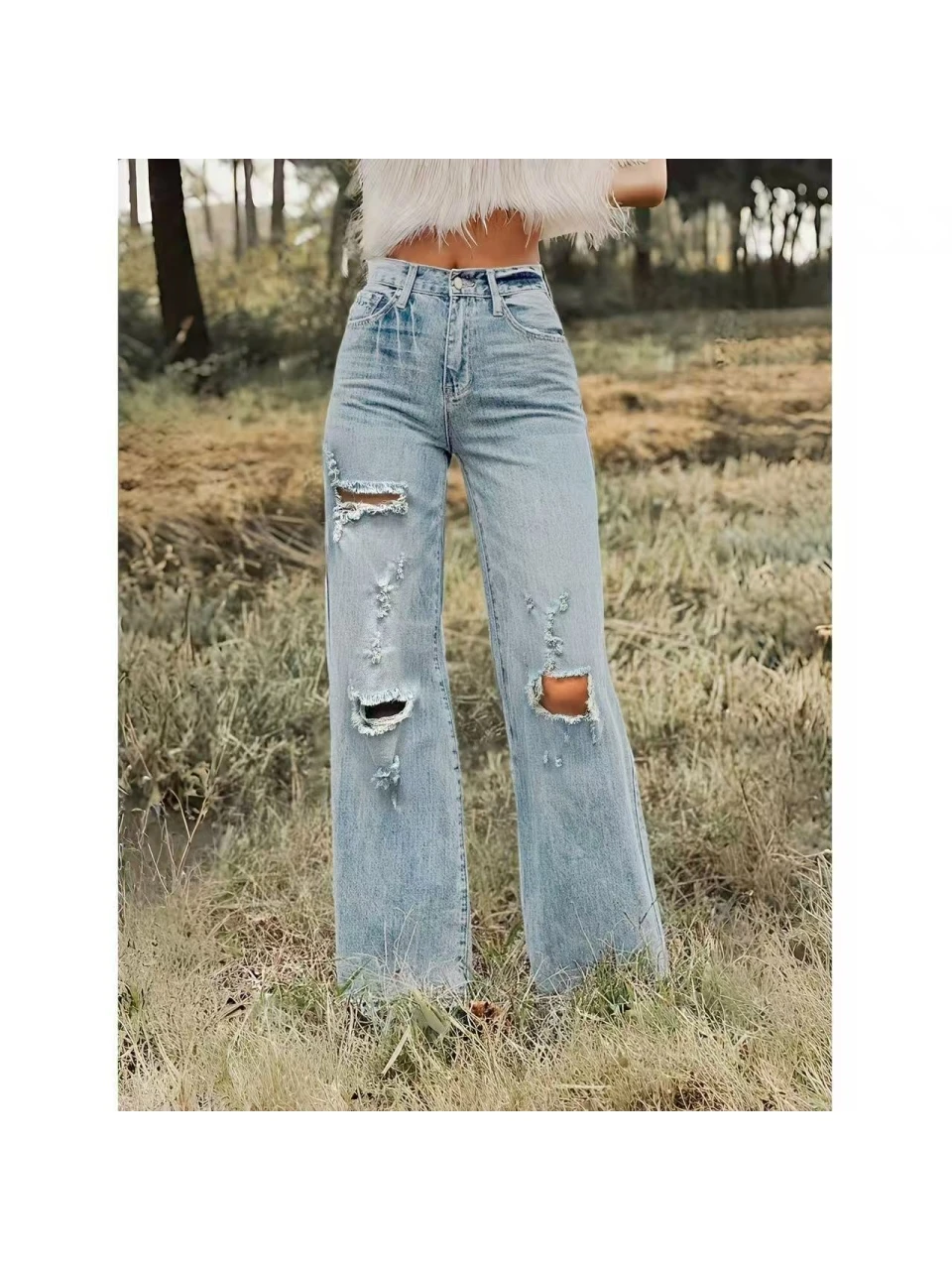 Women High Waist Ripped Wide Leg Jeans Vintage Light Wash Distressed Hole Denim Pants Streetwear Baggy Loose Fit Flare Jeans Y2K Grunge Aesthetic Casual Daily Trousers For Ladies