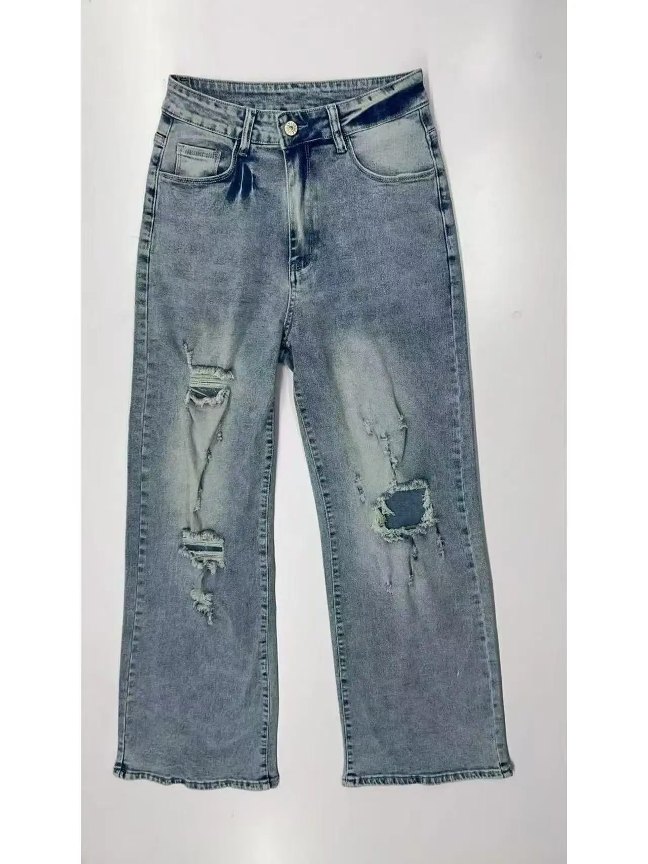 Women High Waist Ripped Wide Leg Jeans Vintage Light Wash Distressed Hole Denim Pants Streetwear Baggy Loose Fit Flare Jeans Y2K Grunge Aesthetic Casual Daily Trousers For Ladies