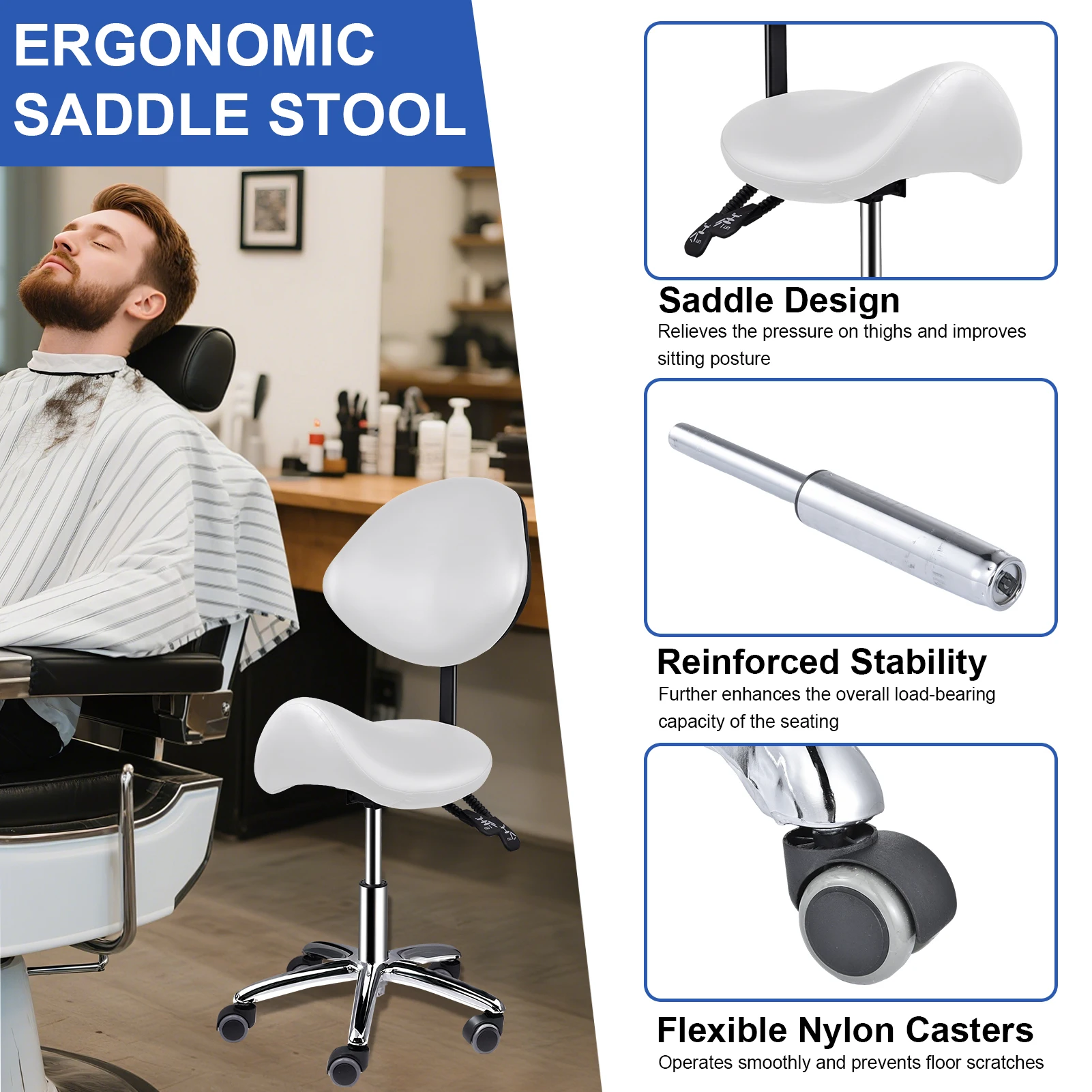 Saddle Stool with Back Support and Wheels, 400 LBS Weight Capacity Ergonomic Rolling Stool, Height Adjustable Thickened PU Leather Swivel Saddle Chair for Salon, Spa, Massage, Tattoo, White