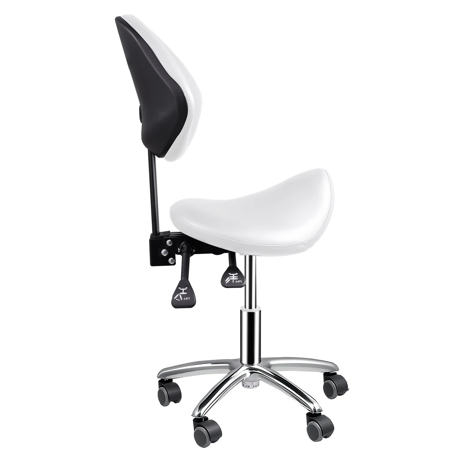 Saddle Stool with Back Support and Wheels, 400 LBS Weight Capacity Ergonomic Rolling Stool, Height Adjustable Thickened PU Leather Swivel Saddle Chair for Salon, Spa, Massage, Tattoo, White