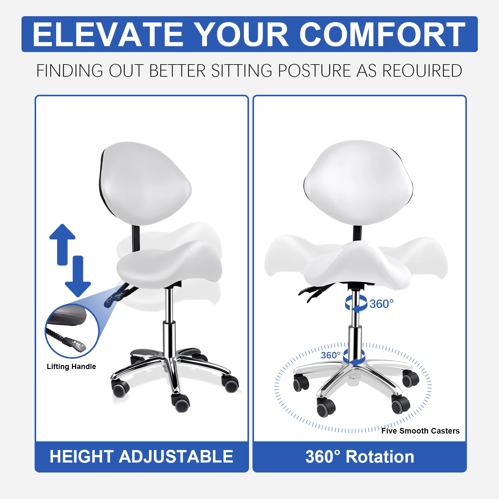 Saddle Stool with Back Support and Wheels, 400 LBS Weight Capacity Ergonomic Rolling Stool, Height Adjustable Thickened PU Leather Swivel Saddle Chair for Salon, Spa, Massage, Tattoo, White