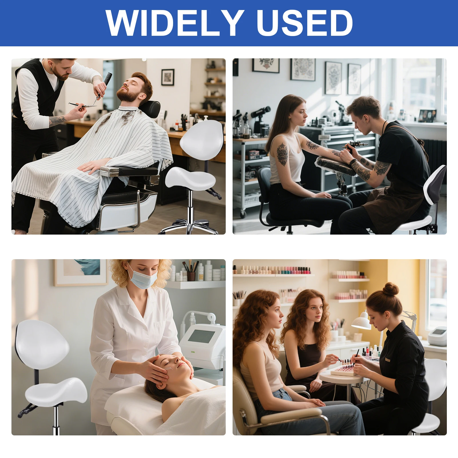 Saddle Stool with Back Support and Wheels, 400 LBS Weight Capacity Ergonomic Rolling Stool, Height Adjustable Thickened PU Leather Swivel Saddle Chair for Salon, Spa, Massage, Tattoo, White