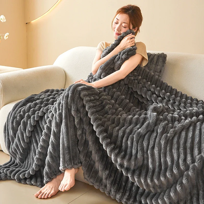 1PC Ribbed Fleece Blanket Twin/Full/Queen/King Soft Warm Textured Plush Throw for Bed Sofa Home Decor