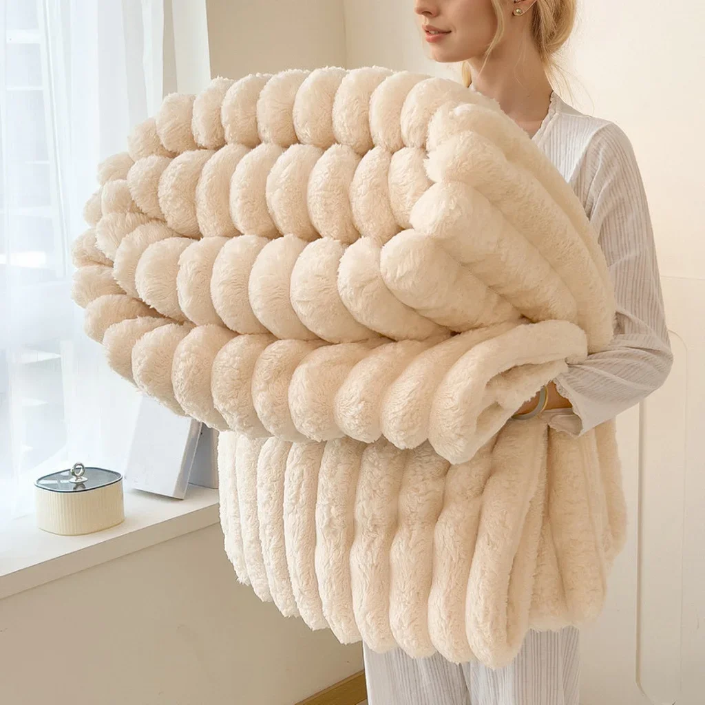 1PC Ribbed Fleece Blanket Twin/Full/Queen/King Soft Warm Textured Plush Throw for Bed Sofa Home Decor