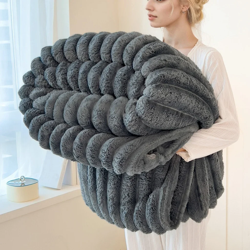 1PC Ribbed Fleece Blanket Twin/Full/Queen/King Soft Warm Textured Plush Throw for Bed Sofa Home Decor