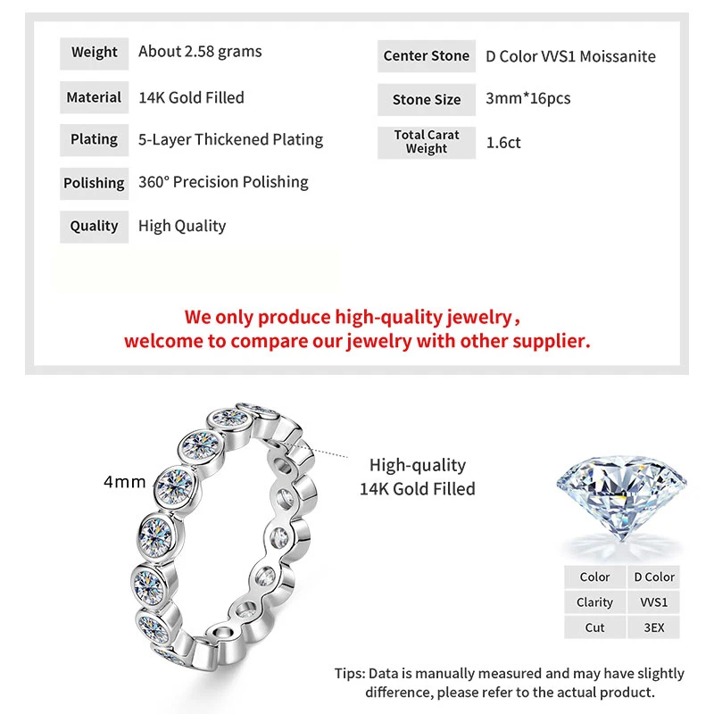 OXTAO 3.0mm D VVS1 Certified Moissanite Eternal Ring for Women 14K Gold Filled Stackable Jewelry Ring Wedding Anniversary Gift