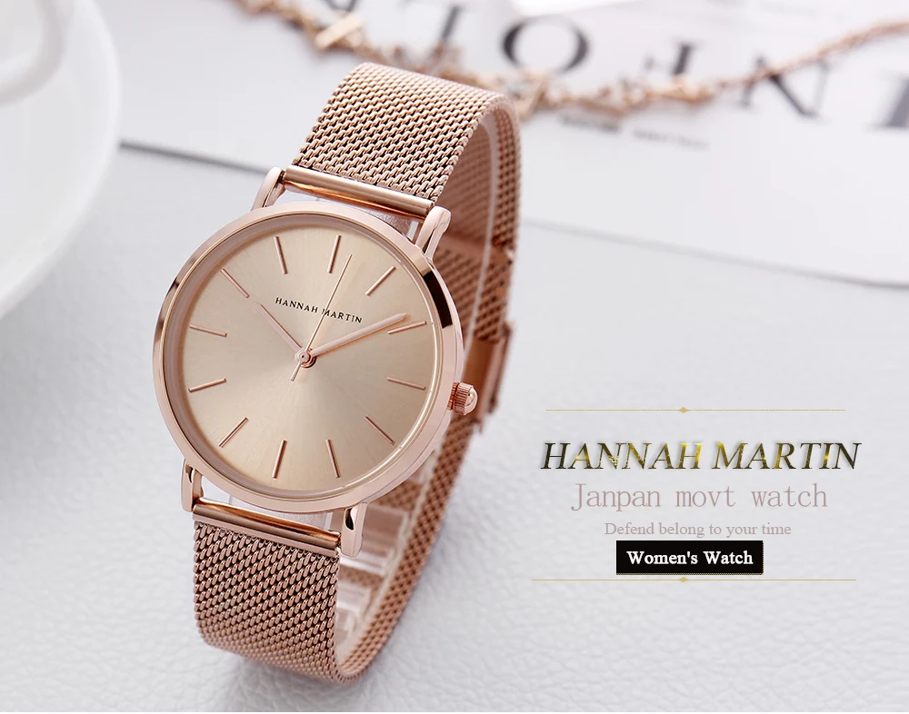 HANNAH MARTIN Leisure Top Brand Hot Selling Original Quartz Watch Women Simple Elegant Steel 36mm Japanese Movement Clock Banquet Matching & Work Watches Ladies Quartz Movement Original Ladies WatchLocal Watch Women Mesh with Clock
