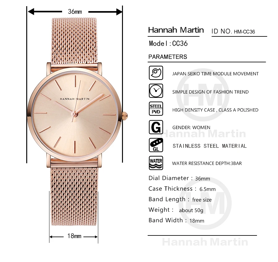 HANNAH MARTIN Leisure Top Brand Hot Selling Original Quartz Watch Women Simple Elegant Steel 36mm Japanese Movement Clock Banquet Matching & Work Watches Ladies Quartz Movement Original Ladies WatchLocal Watch Women Mesh with Clock