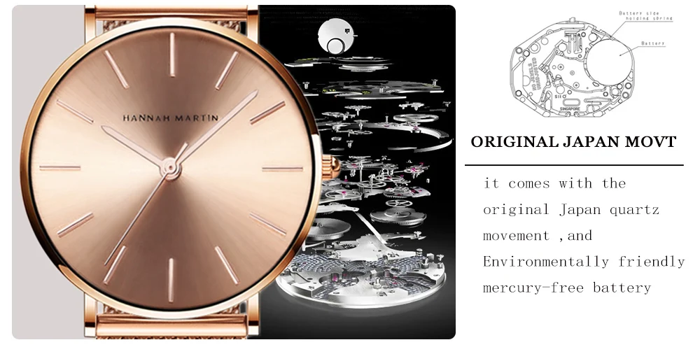 HANNAH MARTIN Leisure Top Brand Hot Selling Original Quartz Watch Women Simple Elegant Steel 36mm Japanese Movement Clock Banquet Matching & Work Watches Ladies Quartz Movement Original Ladies WatchLocal Watch Women Mesh with Clock