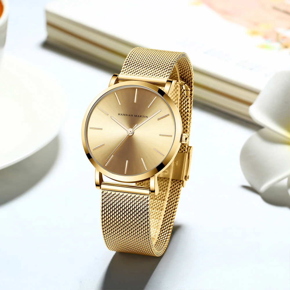 HANNAH MARTIN Leisure Top Brand Hot Selling Original Quartz Watch Women Simple Elegant Steel 36mm Japanese Movement Clock Banquet Matching & Work Watches Ladies Quartz Movement Original Ladies WatchLocal Watch Women Mesh with Clock
