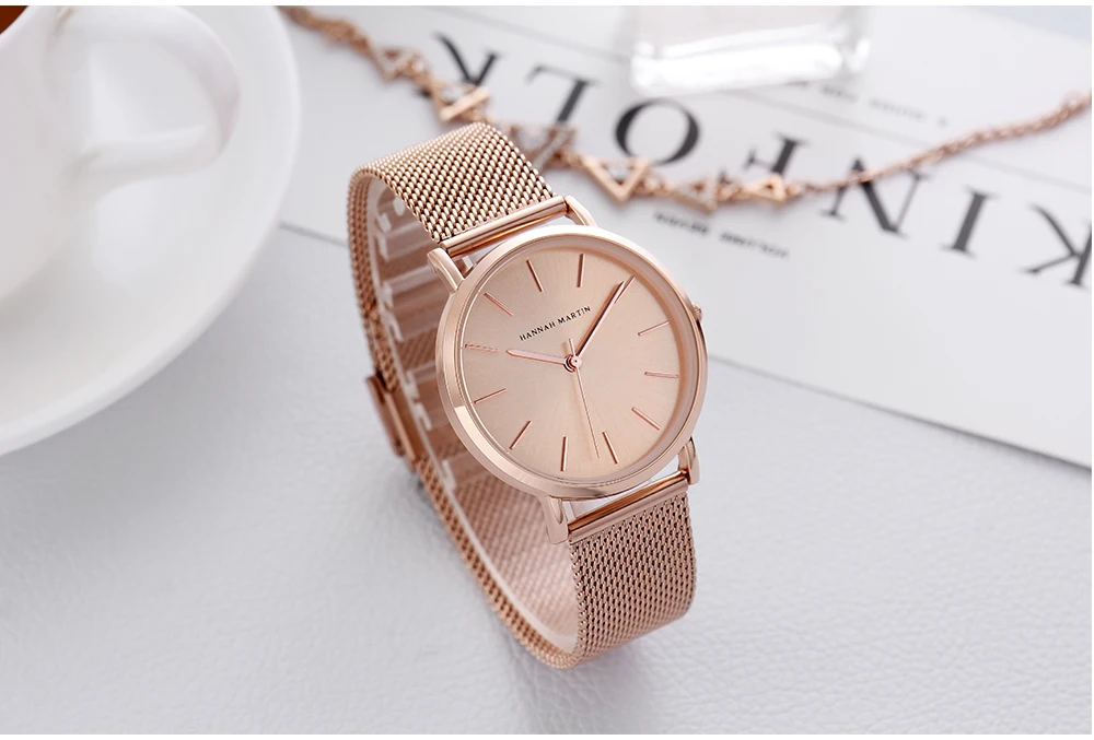 HANNAH MARTIN Leisure Top Brand Hot Selling Original Quartz Watch Women Simple Elegant Steel 36mm Japanese Movement Clock Banquet Matching & Work Watches Ladies Quartz Movement Original Ladies WatchLocal Watch Women Mesh with Clock