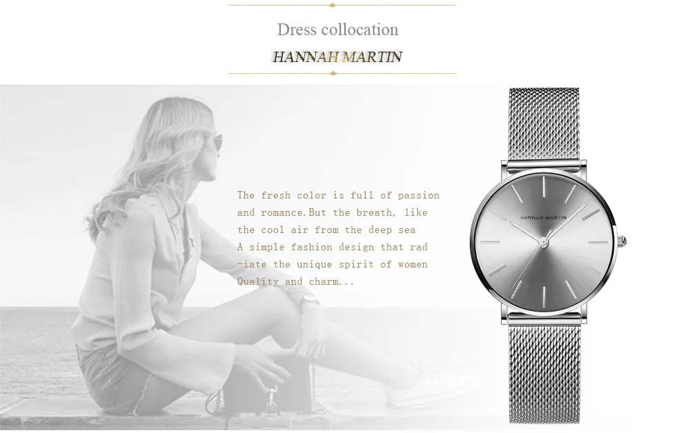 HANNAH MARTIN Leisure Top Brand Hot Selling Original Quartz Watch Women Simple Elegant Steel 36mm Japanese Movement Clock Banquet Matching & Work Watches Ladies Quartz Movement Original Ladies WatchLocal Watch Women Mesh with Clock