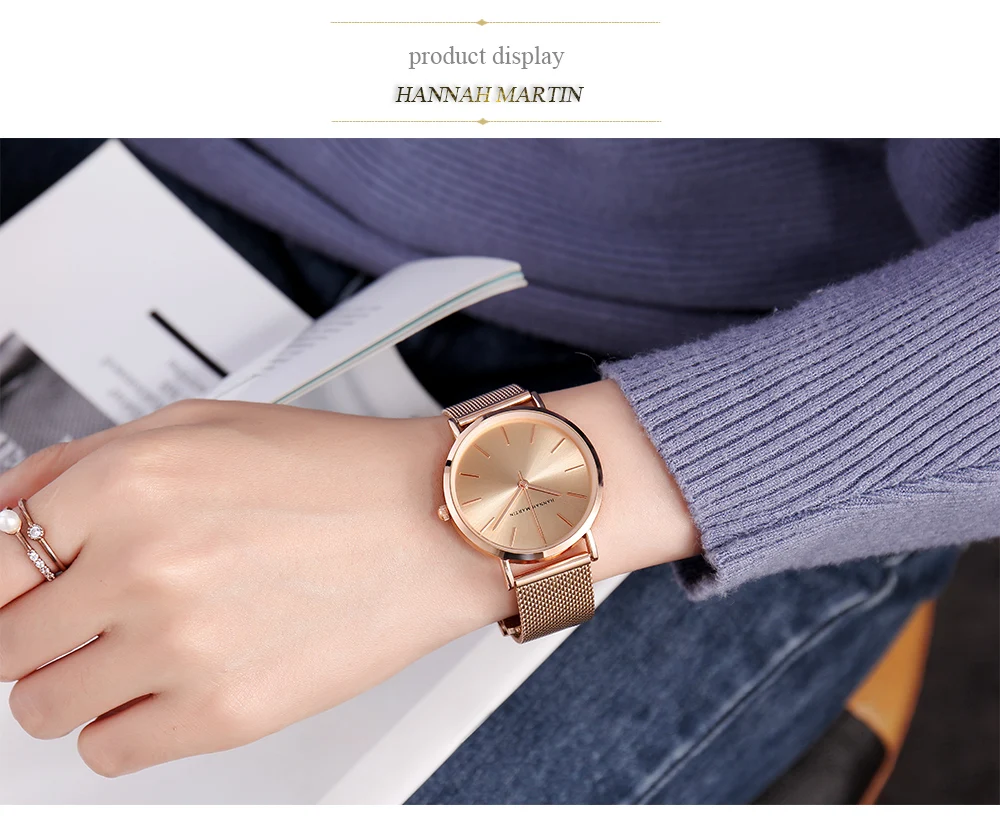 HANNAH MARTIN Leisure Top Brand Hot Selling Original Quartz Watch Women Simple Elegant Steel 36mm Japanese Movement Clock Banquet Matching & Work Watches Ladies Quartz Movement Original Ladies WatchLocal Watch Women Mesh with Clock