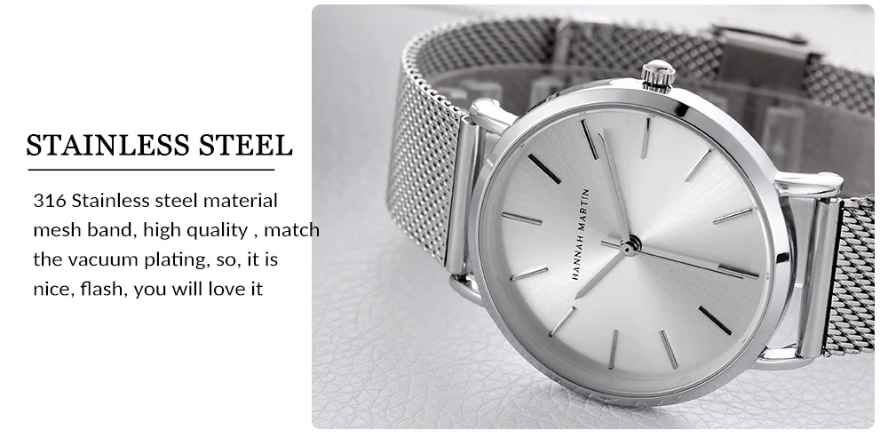 HANNAH MARTIN Leisure Top Brand Hot Selling Original Quartz Watch Women Simple Elegant Steel 36mm Japanese Movement Clock Banquet Matching & Work Watches Ladies Quartz Movement Original Ladies WatchLocal Watch Women Mesh with Clock