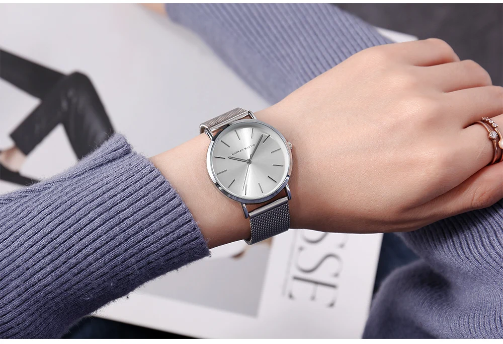 HANNAH MARTIN Leisure Top Brand Hot Selling Original Quartz Watch Women Simple Elegant Steel 36mm Japanese Movement Clock Banquet Matching & Work Watches Ladies Quartz Movement Original Ladies WatchLocal Watch Women Mesh with Clock