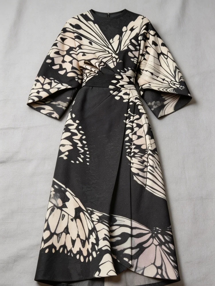 The New Fashionable Ladies Satin Mid-Length Dress Features a High-Waist, Form-Fitting and Anti-Wrinkle Design. It Has Black and White butterfly Prints, Batwing Sleeves and Loose-Fitting A-Line Cut. The Elegant V-Neck A-Shaped Skirt Design Is Suitable for