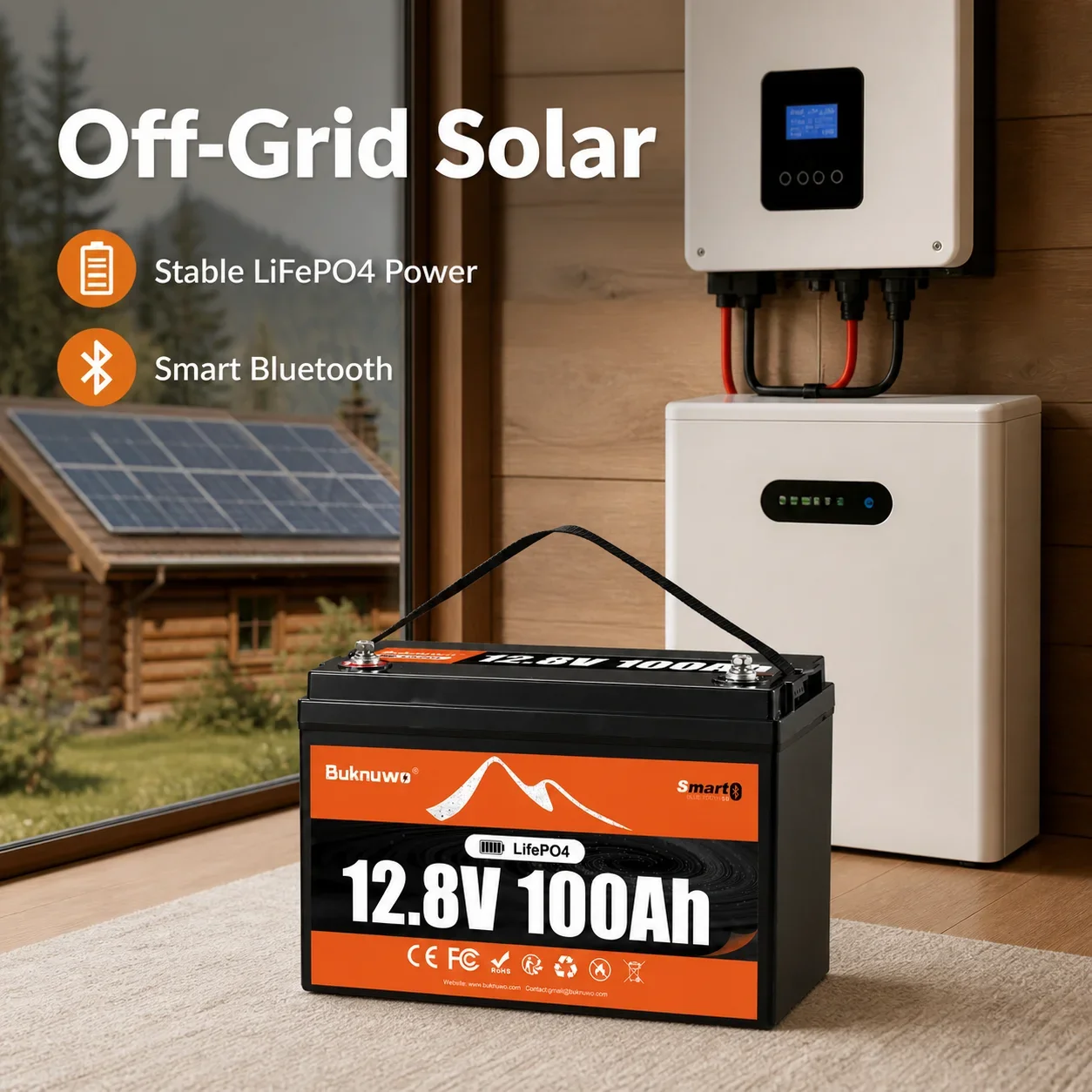 BUKNUWO Smart 12V 100Ah Bluetooth LiFePo4 Lithium Battery Pack 100A BMS For RV Boat Motor Inverter Solar Wind Off-Road Off-grid LiFePO4 Batter