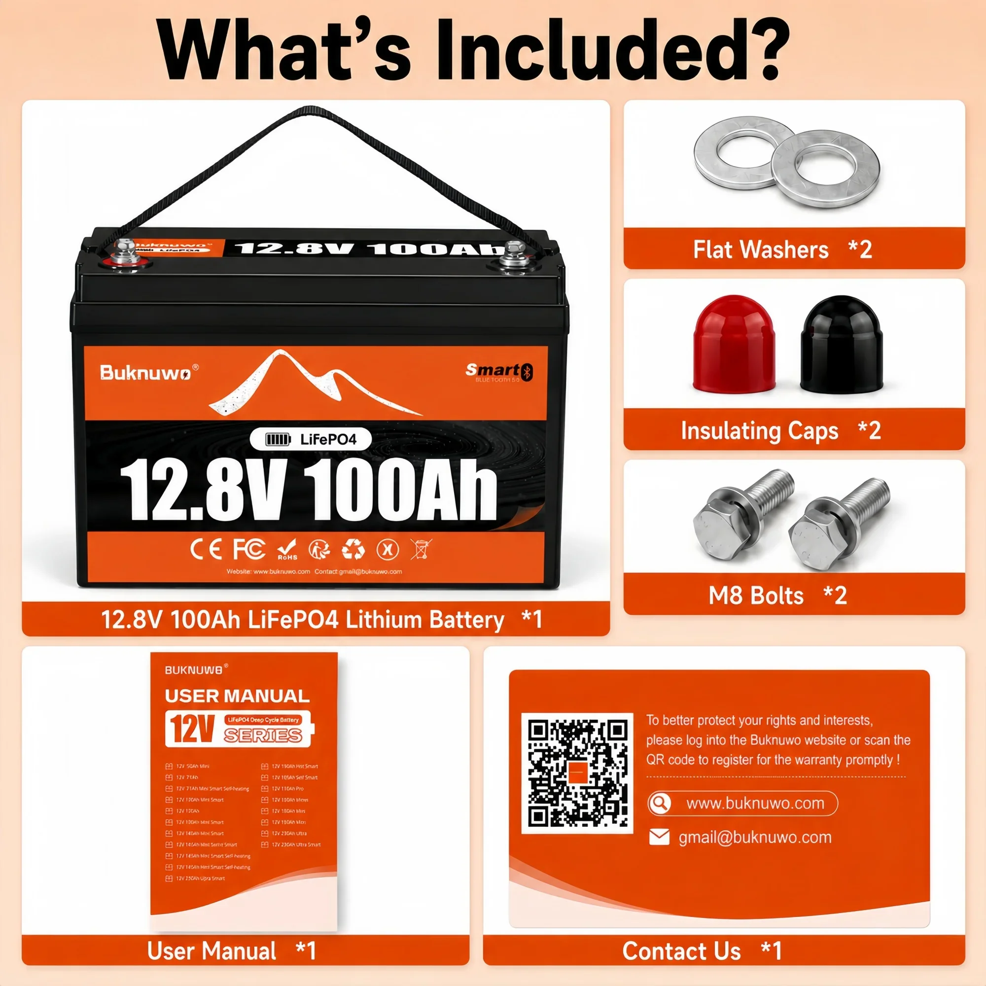 BUKNUWO Smart 12V 100Ah Bluetooth LiFePo4 Lithium Battery Pack 100A BMS For RV Boat Motor Inverter Solar Wind Off-Road Off-grid LiFePO4 Batter