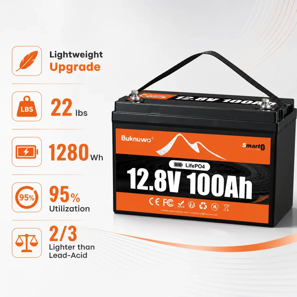 BUKNUWO Smart 12V 100Ah Bluetooth LiFePo4 Lithium Battery Pack 100A BMS For RV Boat Motor Inverter Solar Wind Off-Road Off-grid LiFePO4 Batter