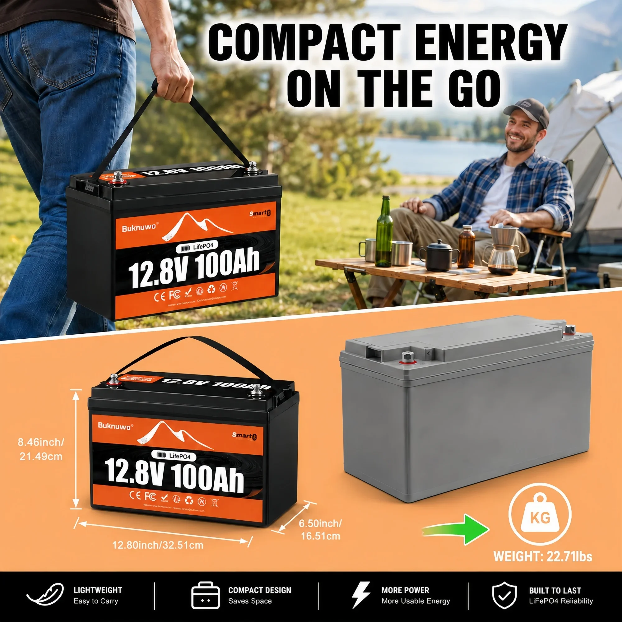 BUKNUWO Smart 12V 100Ah Bluetooth LiFePo4 Lithium Battery Pack 100A BMS For RV Boat Motor Inverter Solar Wind Off-Road Off-grid LiFePO4 Batter