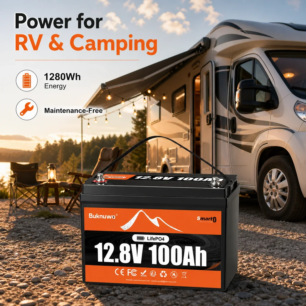 BUKNUWO Smart 12V 100Ah Bluetooth LiFePo4 Lithium Battery Pack 100A BMS For RV Boat Motor Inverter Solar Wind Off-Road Off-grid LiFePO4 Batter