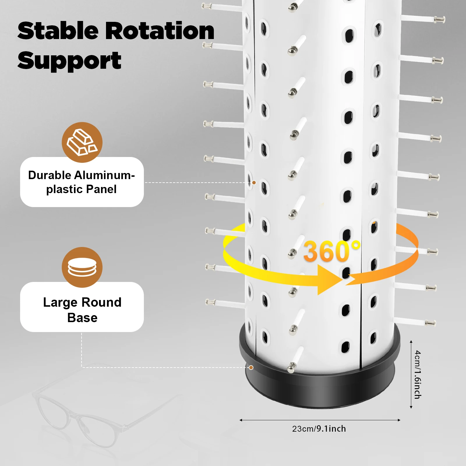 360° Rotating Eyeglasses Display Stand for 44 Glasses, Aluminum- Plastic Panel Optical Store Rack with Mirrors for Display